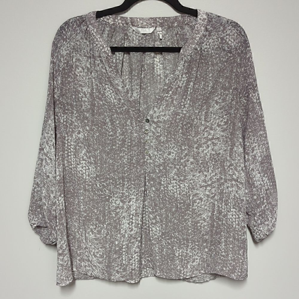 Zoa Gray and White V Neck Blouse